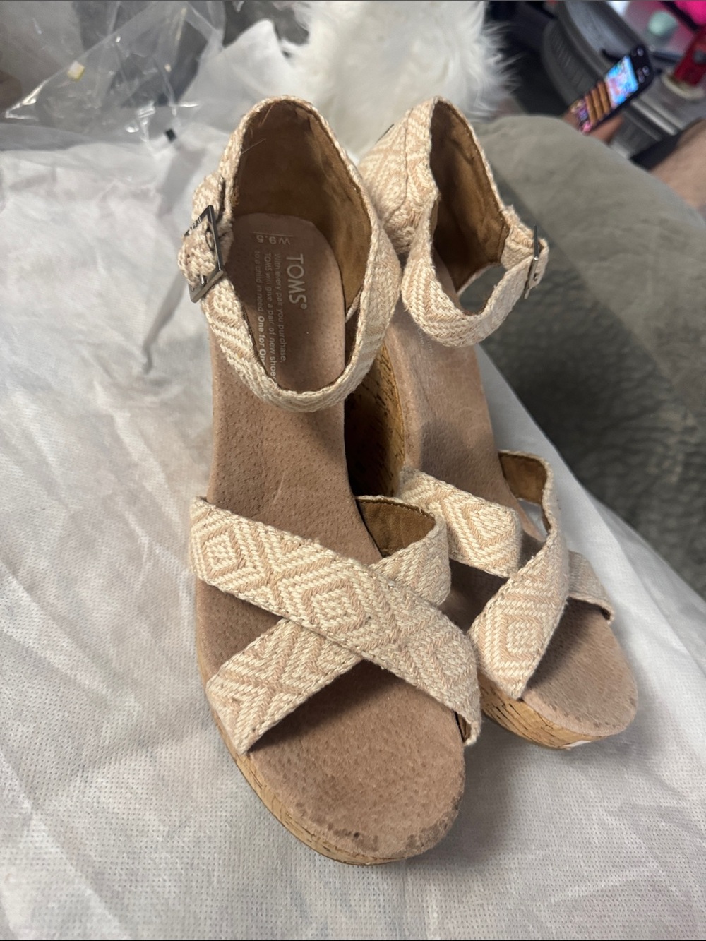 TOMS Beige Woven Ankle-Strap Wedge Sandals